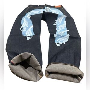 Vtg Evisu heritage seldvage denim with daicock paint /embroidered‎ logo